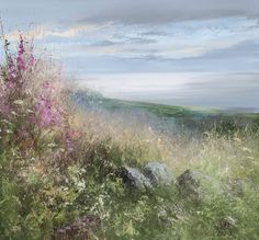 an oil painting of wildflowers and rocks on a hillside