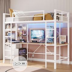 a white bunk bed sitting next to a desk with a tv on top of it