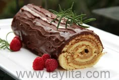 there is a chocolate roll with raspberries on the side and sprigs