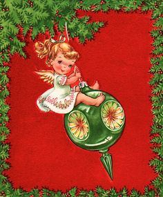 a christmas card with an angel sitting on top of a green ornament, surrounded by holly