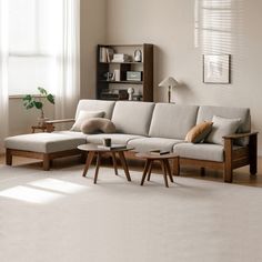 a living room with a couch, coffee table and bookshelf in the corner