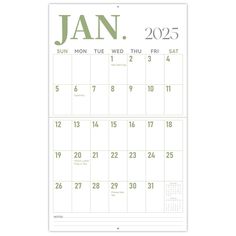 a calendar with the word jan in green and white, on top of a white background