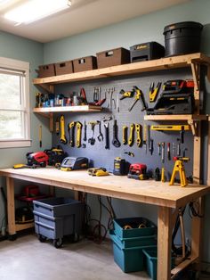 a workbench with lots of tools hanging on the wall