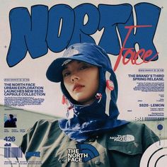 the north face magazine cover features a woman wearing a blue hat and raincoat on her head