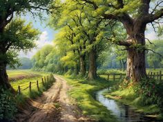 a painting of a dirt road in the middle of a green field with trees and flowers