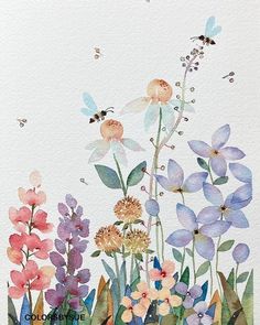 a watercolor painting of flowers and bees