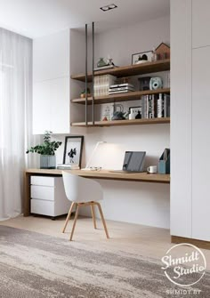 a room with a desk, chair and bookshelf next to a large window