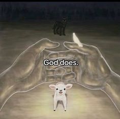 a dog is standing in front of a hand with an image of a cat on it that says god does