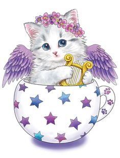 a white kitten in a cup with purple wings and a golden harp on it's head