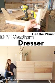 two pictures with the words diy modern dresser on it and an image of a woman working