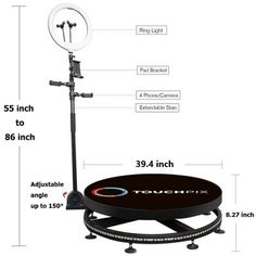 the touchpix stand is shown with its light on it's base and measurements