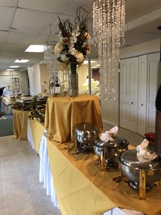 the buffet table is set up with many different types of food