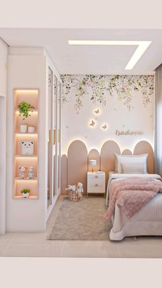 a bedroom decorated in pink and white with flowers on the wall above the bed is lit by recessed lights