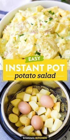 instant pot potato salad with text overlay that reads, easy instant pot potato salad