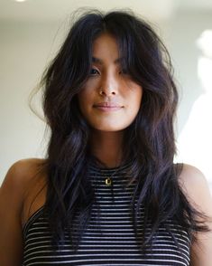 Low Maintenance Shaggy Hairstyle Dark Brown Hair Inspo Curtain Bangs, Medium Length Dark Hair With Curtain Bangs, Curtain Bangs Long Hair Dark Brown, Long Shag With Curtain Bangs Thick Hair, Long Curtain Bangs Dark Hair, Long Brunette Hair With Layers Straight, Seamless Layers Haircut, Black Mid Length Hair With Curtain Bangs, Shaggy Curtain Bangs Long Hair