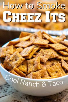 These Smoked Cheez Its are my favorite Game Day Treat!  I used Ranch and Taco Seasoning to flavor and a light smoke to make them toasty delicious!  You will be shocked at how fast these go with your friends and family.  Get ready to make a second batch! via @kitchen laughter Treager Appetizer Recipes, Smoked Dog Treats, Smoked Game Day Snacks, Smoker Snacks, Smoked Queso Without Velveeta, Smoked Cheese Its, Smoked Snack Mix Recipes, Smoked Snacks, Flavored Cheez Its