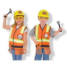 two children wearing safety vests and holding tools