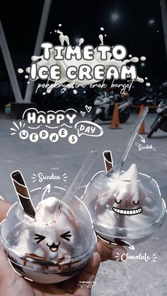 two ice cream sundaes with faces drawn on them