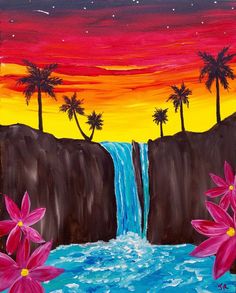 an acrylic painting of a waterfall with pink flowers and palm trees in the background