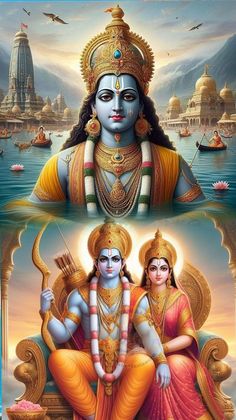 two images of lord and goddess sitting in front of a body of water with birds flying around