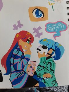 a drawing of two girls talking to each other