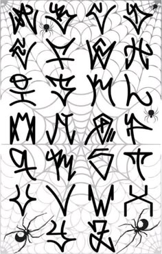 the alphabet and numbers are drawn in black ink on white paper with spider webs