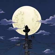 a full moon is in the sky above power lines and telephone poles with wires running across them