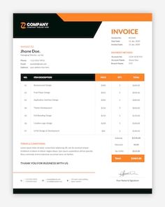 an invoice form with orange and black accents