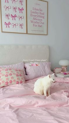 a white cat sitting on top of a pink bed in a room with two pictures above it