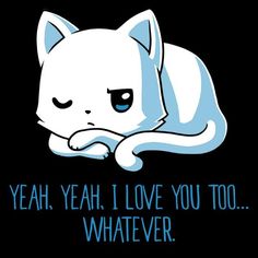 a white cat laying on top of a black background with the words yeah yeah i love you too whatever