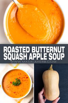 roasted butternut squash apple soup in a white bowl