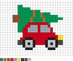 a cross stitch pattern with a red car carrying a christmas tree