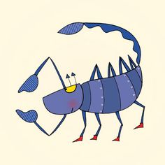 a drawing of a blue bug with long legs and an antenna on it's back