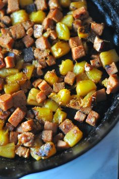 the food is being cooked in the skillet on the stove top, ready to be eaten