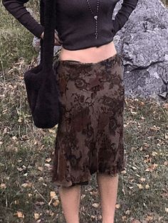 Mesh Floral Midi Skirt - MomyMall Brown / S Floral Midi Skirt Outfit, Gothic Grunge Aesthetic, Midi Rock Outfit, Pencil Pattern, Low Waist Skirt, Empire Dresses, Midi Skirt Outfit, Vintage Fairy, Brown Skirt