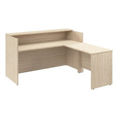 an l - shaped desk with two open shelves on one side and a closed shelf on the other