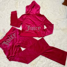 Juicy Couture Rhinestones Velour Hoodie And Pant Are Brand New With Tags Still Attached Color Is Hot Pink Size : L Made In China Juicy Track Suit 2000, 2 Piece Sweat Suit, Pink Juicy Couture Track Suit Aesthetic, Hot Pink Juicy Couture Tracksuit, Juicy Couture Sets, Juicy Couture Fits, Red And Pink Clothes, Juicy Tracksuit Aesthetic, Juicy Contour Tracksuit