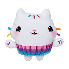 a white cat with multicolored stripes on its face and paws in a cupcake shape