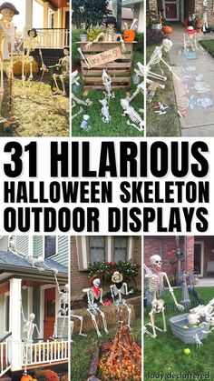 31 Hilarious Halloween Skeleton Outdoor Displays How To Decorate A Skeleton For Halloween, Outside Skeleton Ideas, Skeleton Lawn Decorations, Skeleton Props For Halloween, Halloween Petting Zoo Ideas, Skeleton Prop Ideas, Halloween Skeleton Decorations Outdoor Ideas, Halloween Skeleton Yard Displays, Halloween Skeleton Ideas Outdoor