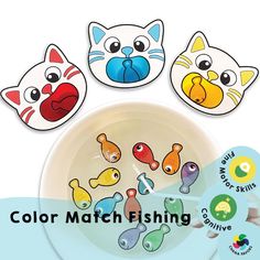 four different colored fish magnets on a white plate with the words color match fishing