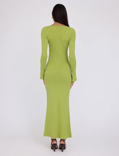 ROMIE DRESS - GREEN : MATCHA GREEN Green Long Maxi Dress For Spring, Green Fitted Long Dress, Fitted Green Maxi Dress, Long Fitted Green Dress, Fitted Long Green Dress, Fitted V-neck Green Dress, Green Fitted Maxi Dress, Green Maxi Dress For Spring, Green Fitted Midi Evening Dress