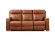 a brown leather couch with two reclinings on the back and armrests