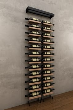 a wine rack that has several bottles on it and is leaning up against the wall