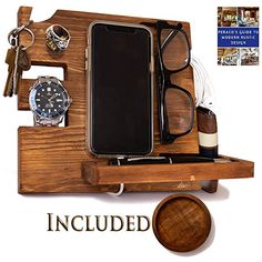 an iphone, watch, and other items are arranged on a wooden stand with the words included