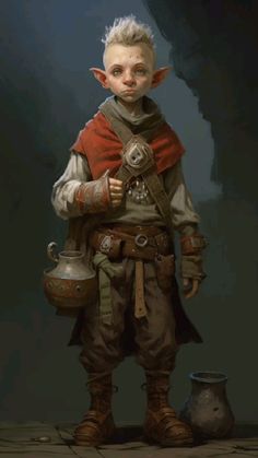 an elf with white hair standing next to a pot