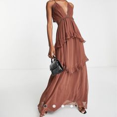 Cami Maxi Dress With Open Back And Circle Trim In Chocolate Nwt Nothing Wrong, Just Another Option Used And Missed Return Guest Ideas, Mediterranean Vibes, Plunge Maxi Dress, Brown Maxi Dresses, Ruched Maxi Dress, Cami Maxi Dress, Dress With Open Back, Maxi Sundress, High Street Fashion