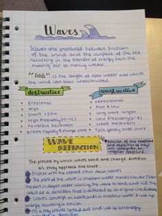 a spiral notebook with writing on it and an image of waves written in different languages