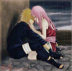 two anime characters sitting next to each other in the rain, one is kissing the other