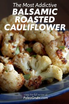 roasted cauliflower on a blue plate with text overlay