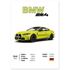 the bmw m4 poster is shown in yellow with black lettering and an image of a car